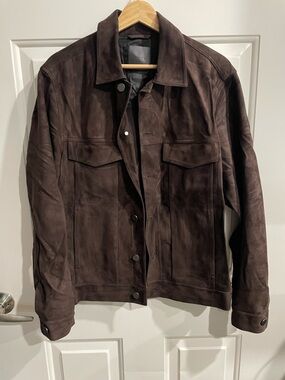 Theory Men's Dark Brown Suede Trucker Jacket